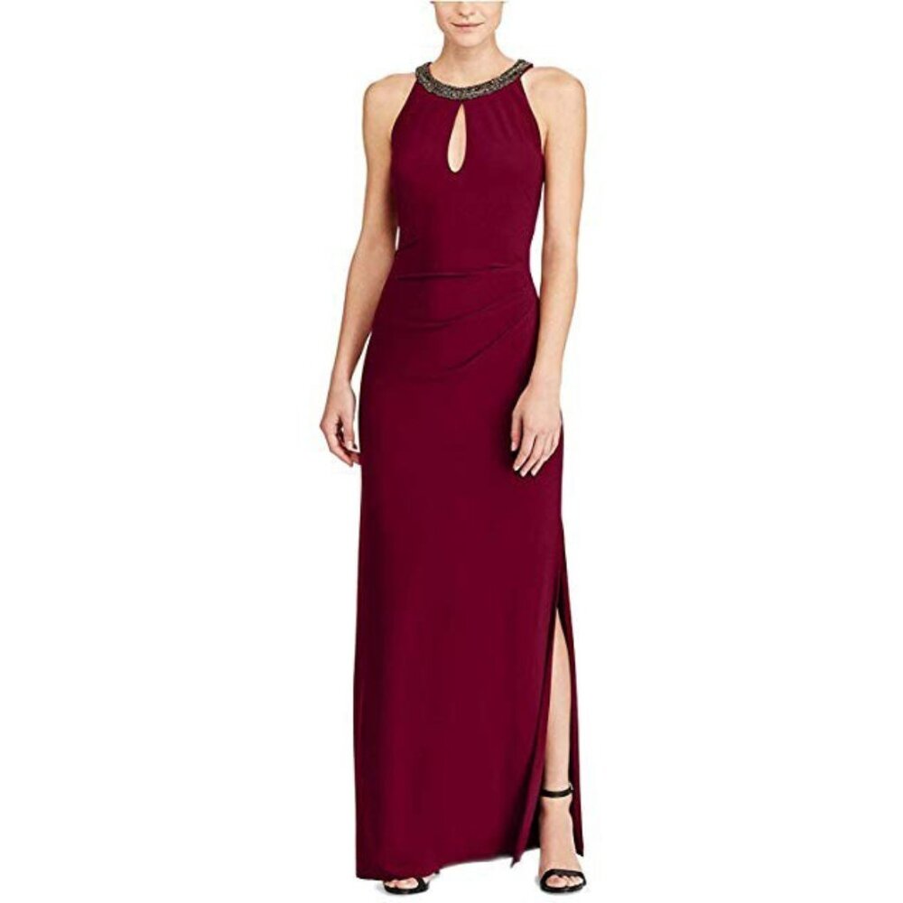 LAUREN RALPH LAUREN Danae Halter Dress Maroon Stretch Jersey w/ Beaded Neckline
